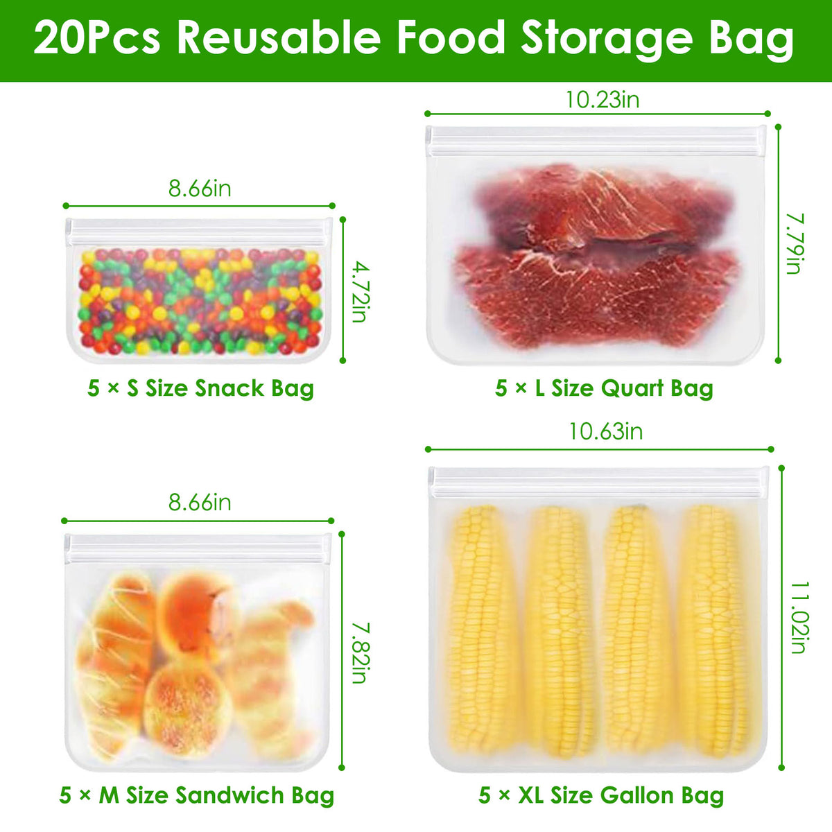 20Pcs Reusable Food Storage Bags 5 Sandwich Snack Gallon Quart Bag Leakproof