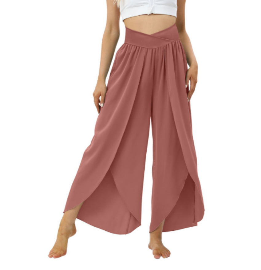 Loose Split Yoga Pants Summer Elastic High Waist Wide Leg Trousers Women's