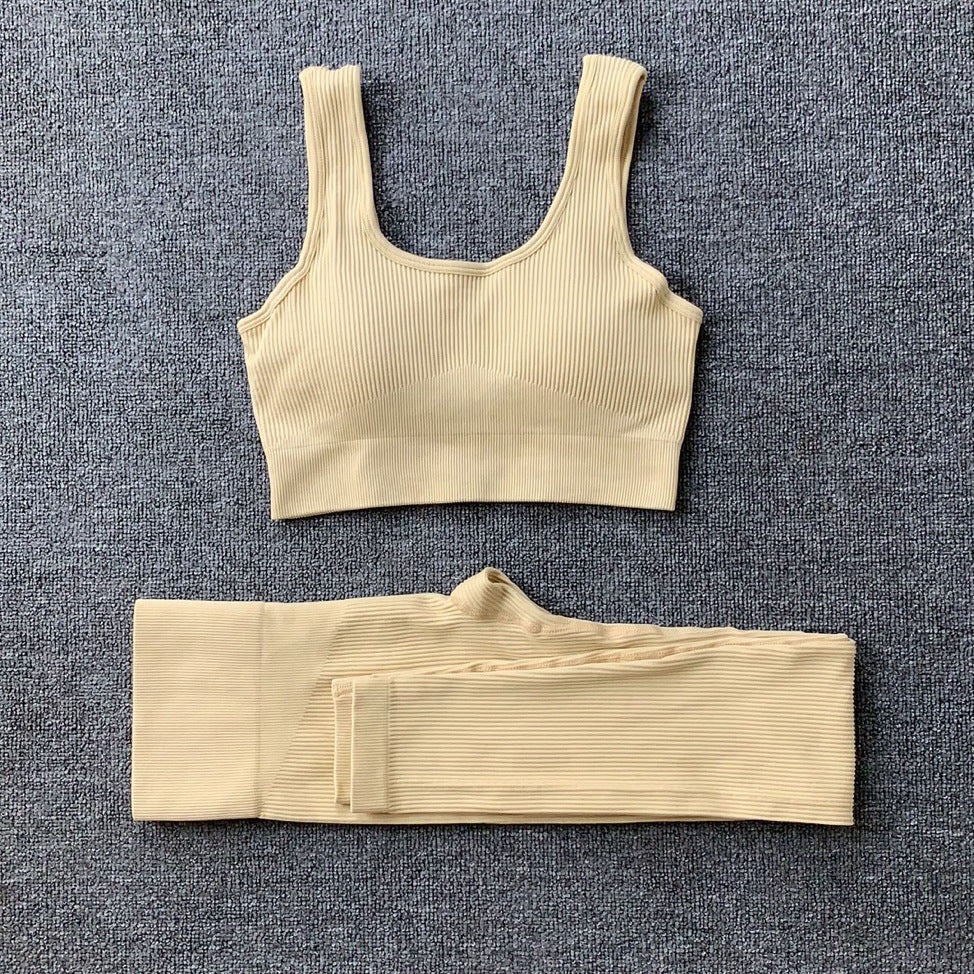 2pcs Thread Yoga Suit Seamless Bra And Butt Lifting High Waist Leggings Set For