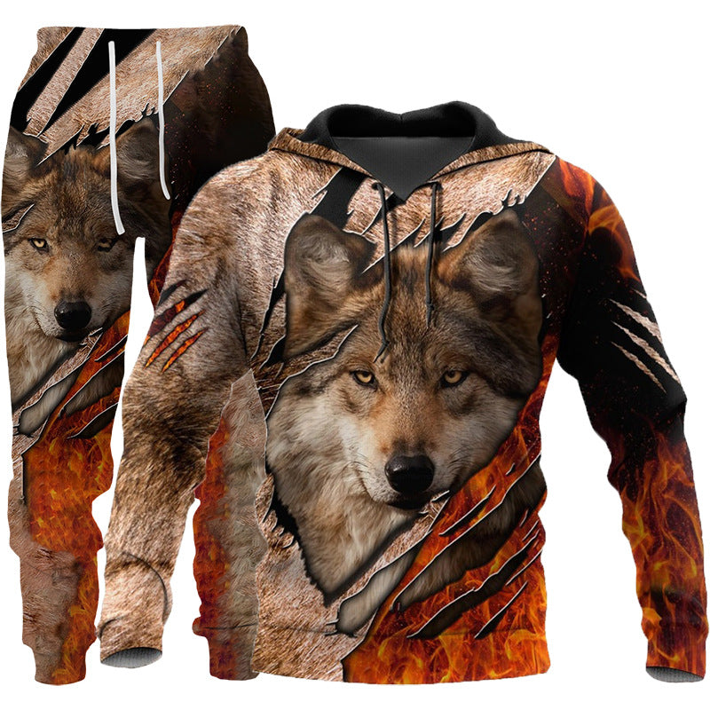 3D Wolf Print Tracksuit Men Sportswear Hooded Sweatsuit Two Piece Outdoors