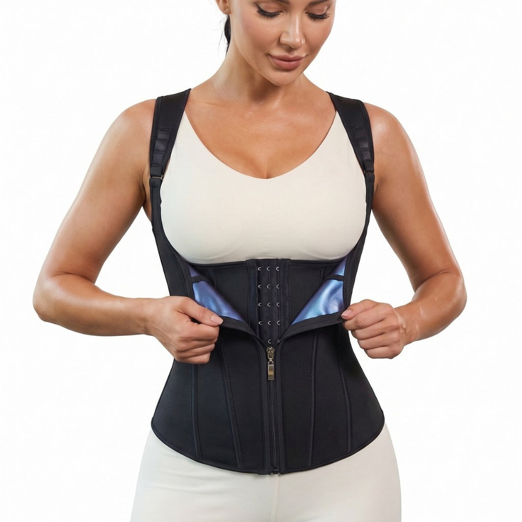 Women's Waist Trainer Corset, Zipper & Hook Sauna Sweat Vest, Tummy Control