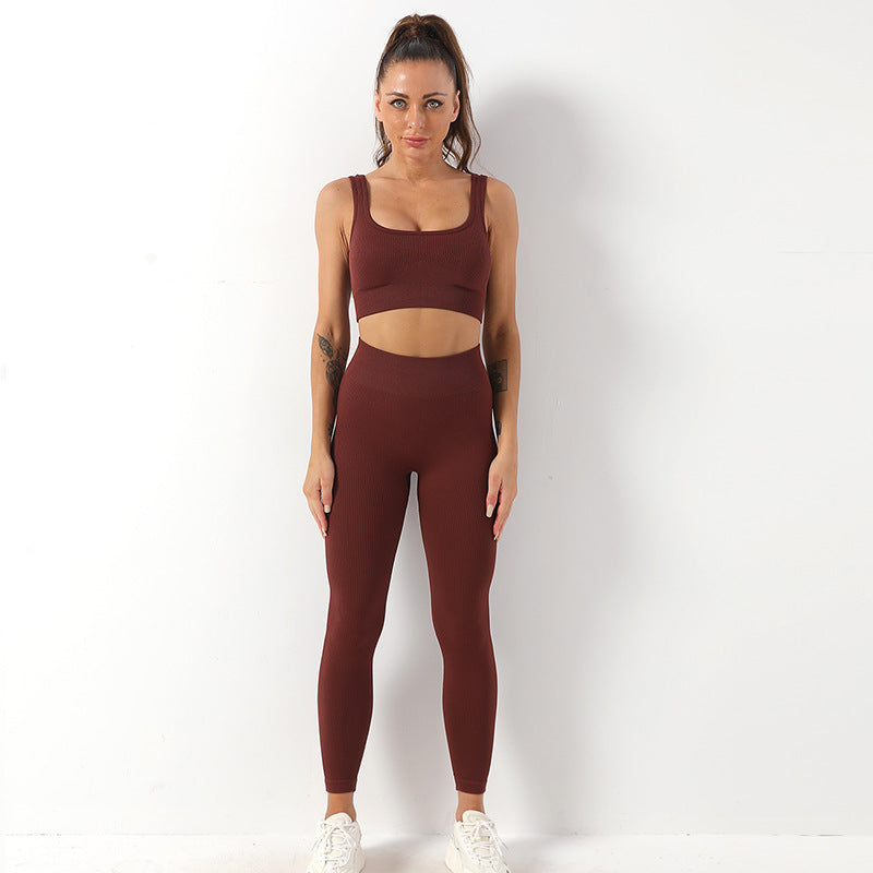 2pcs Thread Yoga Suit Seamless Bra And Butt Lifting High Waist Leggings Set For