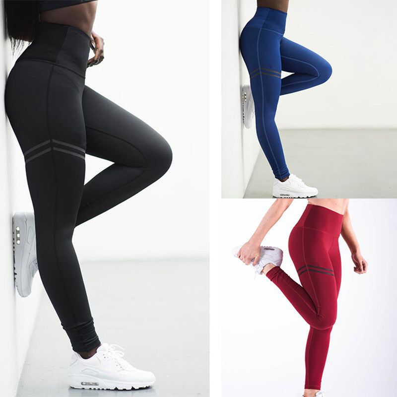 High Waist Solid Color Striped Stretch Yoga Pants Fitness Bottoming Nine Points