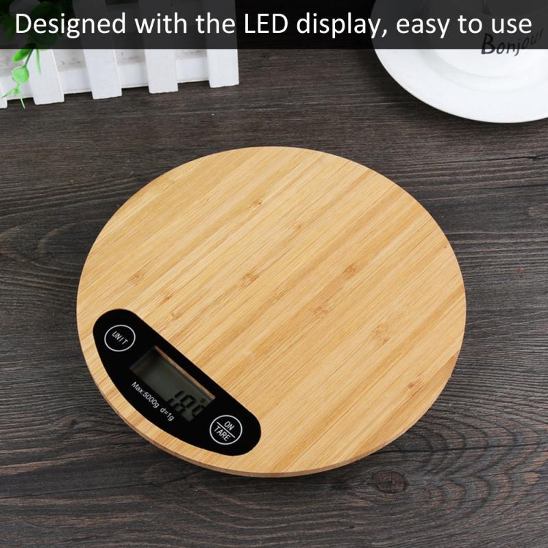 Bamboo Panel Electronic Kitchen Scale Big Round Baking Gram Weight