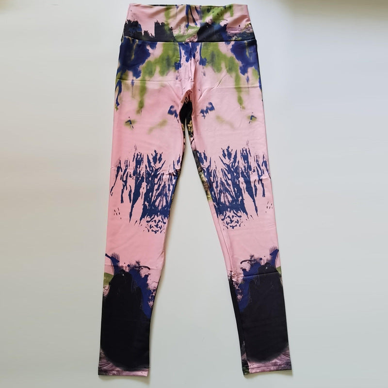 Fitness High Elastic Sports Leggings Training Abstract Ink Pattern Waist Yoga