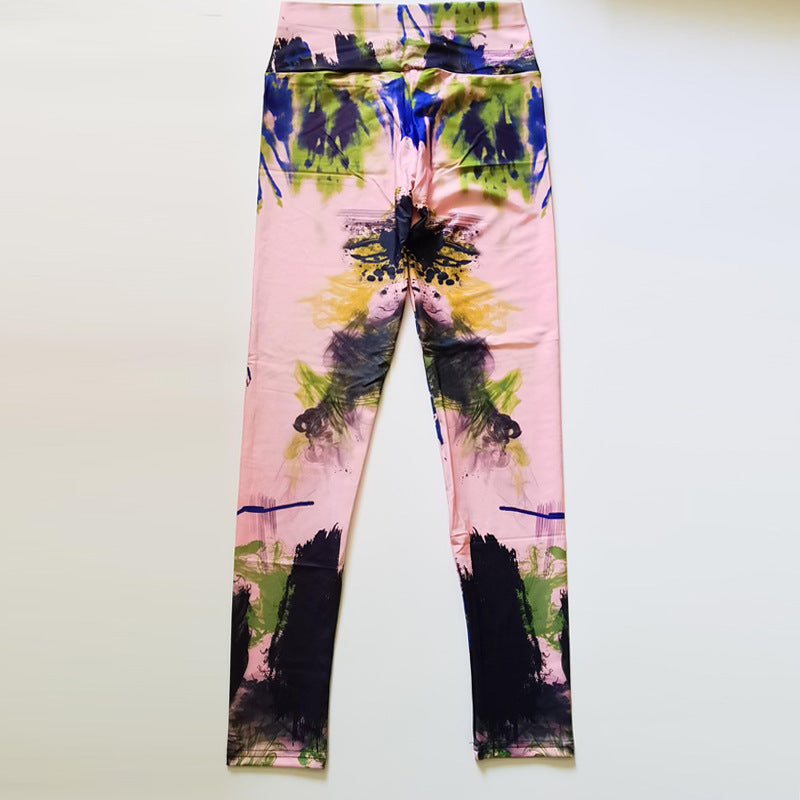 Fitness High Elastic Sports Leggings Training Abstract Ink Pattern Waist Yoga