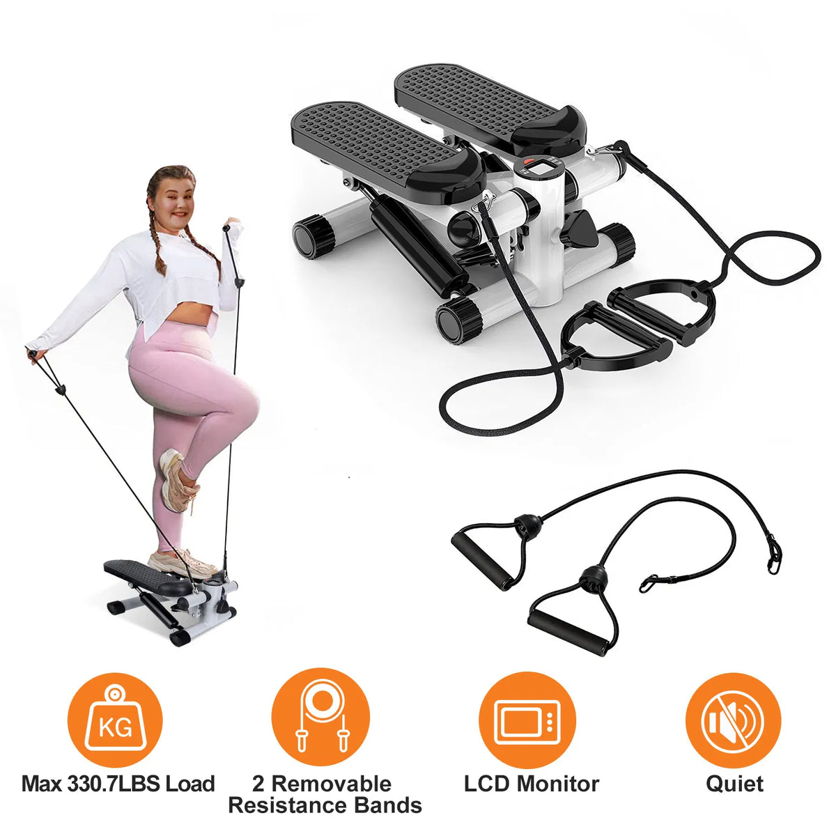 Exercise Stepper For Women Mini Fitness With 2 Resistance Bands LCD Monitor Max