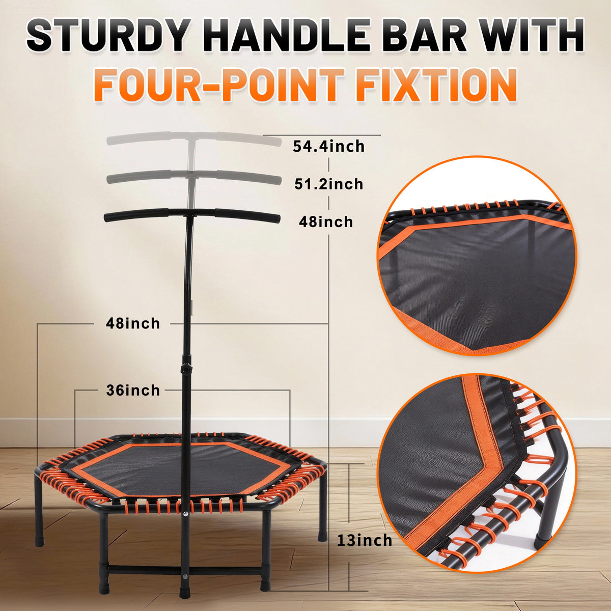 48 Mini Rebounder For Adults With Adjustable Handle Bar, Bungee Ropes, Stable