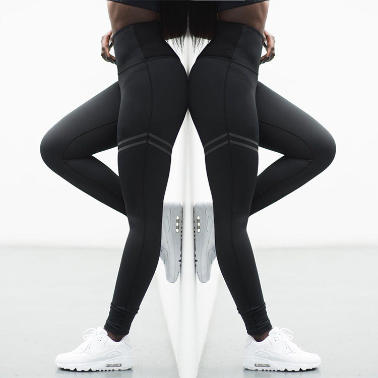High Waist Solid Color Striped Stretch Yoga Pants Fitness Bottoming Nine Points
