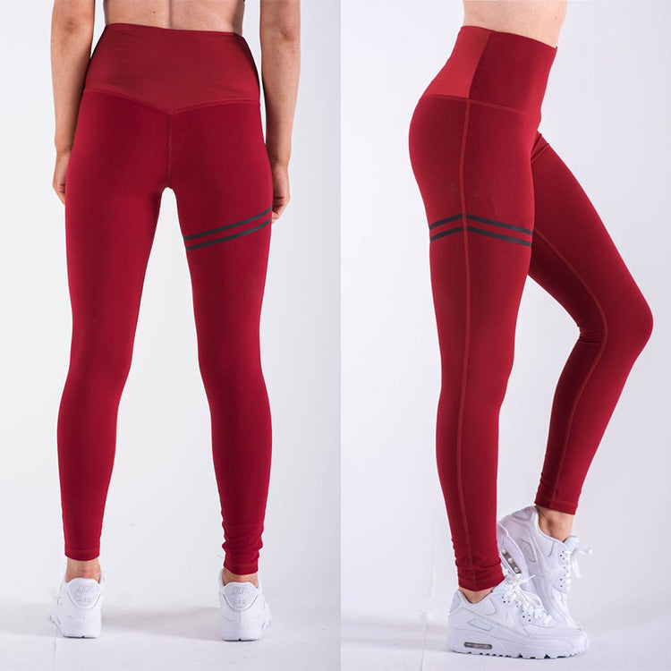 High Waist Solid Color Striped Stretch Yoga Pants Fitness Bottoming Nine Points