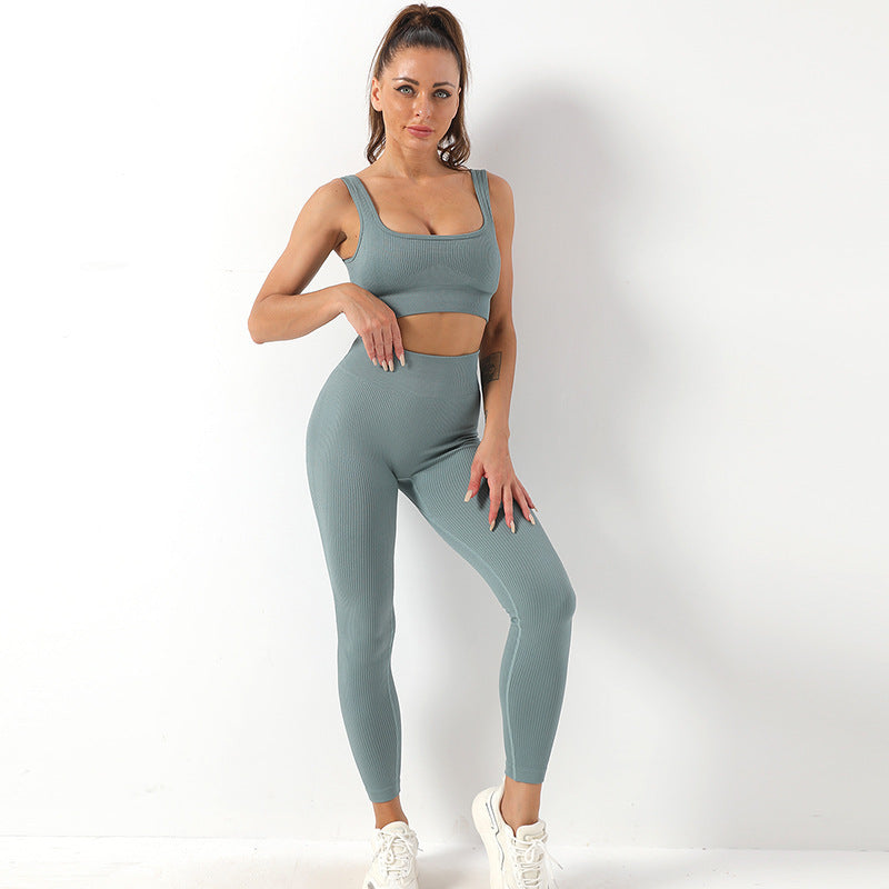 2pcs Thread Yoga Suit Seamless Bra And Butt Lifting High Waist Leggings Set For