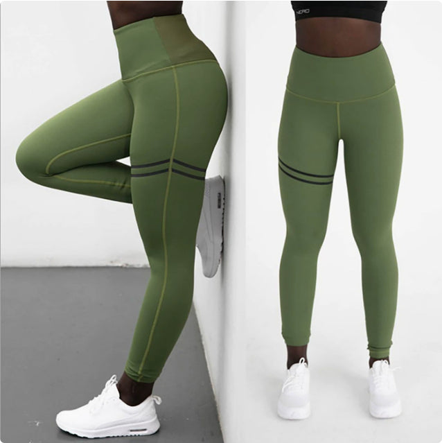 High Waist Solid Color Striped Stretch Yoga Pants Fitness Bottoming Nine Points