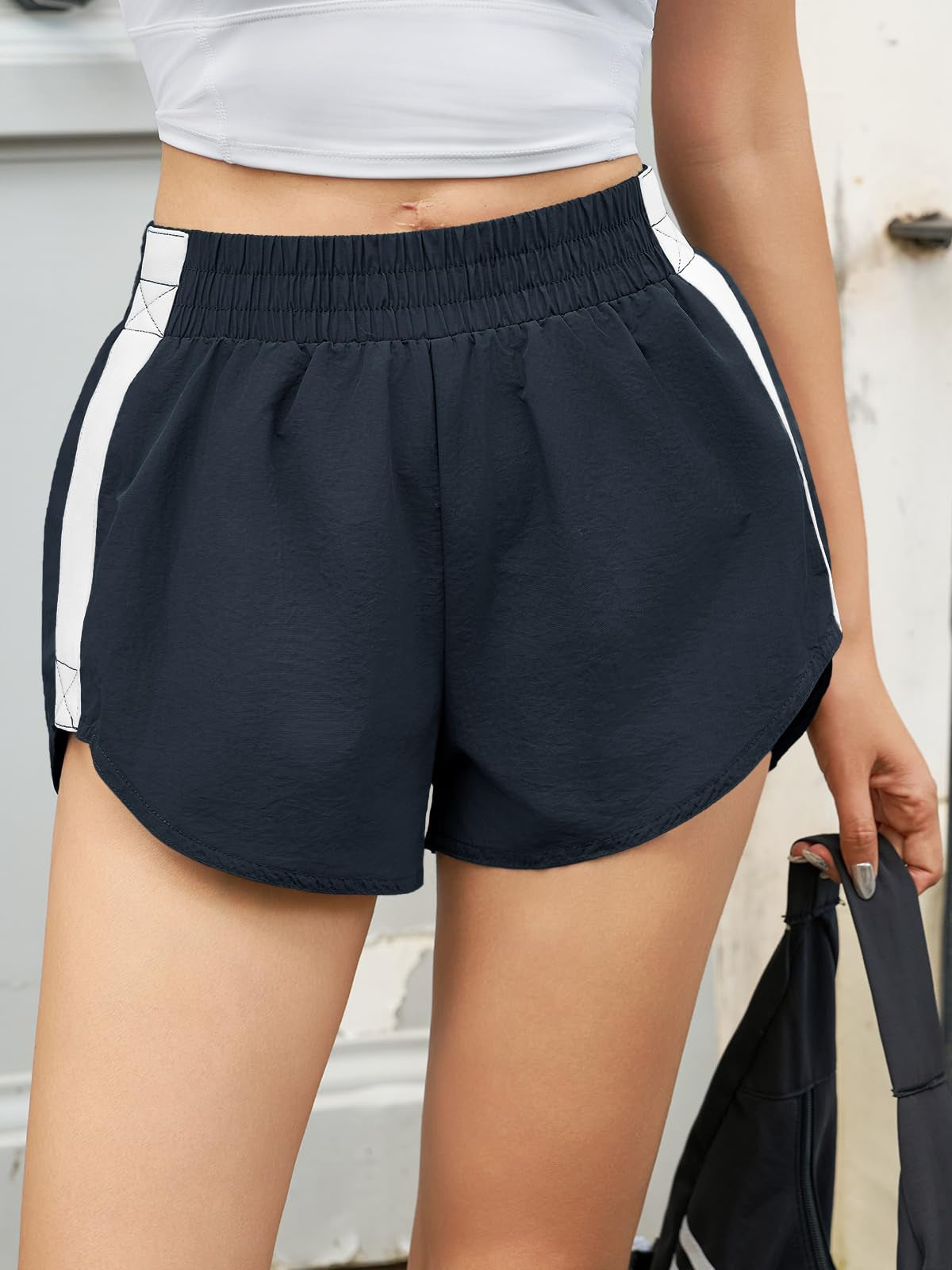 Fisoew Women Striped Track Shorts High Waisted Dolphin Workout Running Athletic