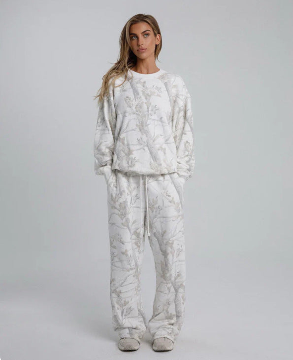 Autumn Winter Two Piece Sets Women Camouflage Hoodie Maple Leaf Print