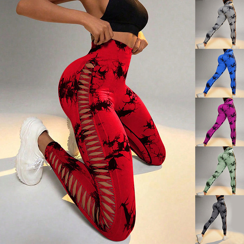 Hollow Tie Dye Printed Yoga Pants High Waist Butt Lift Seamless Sports Gym