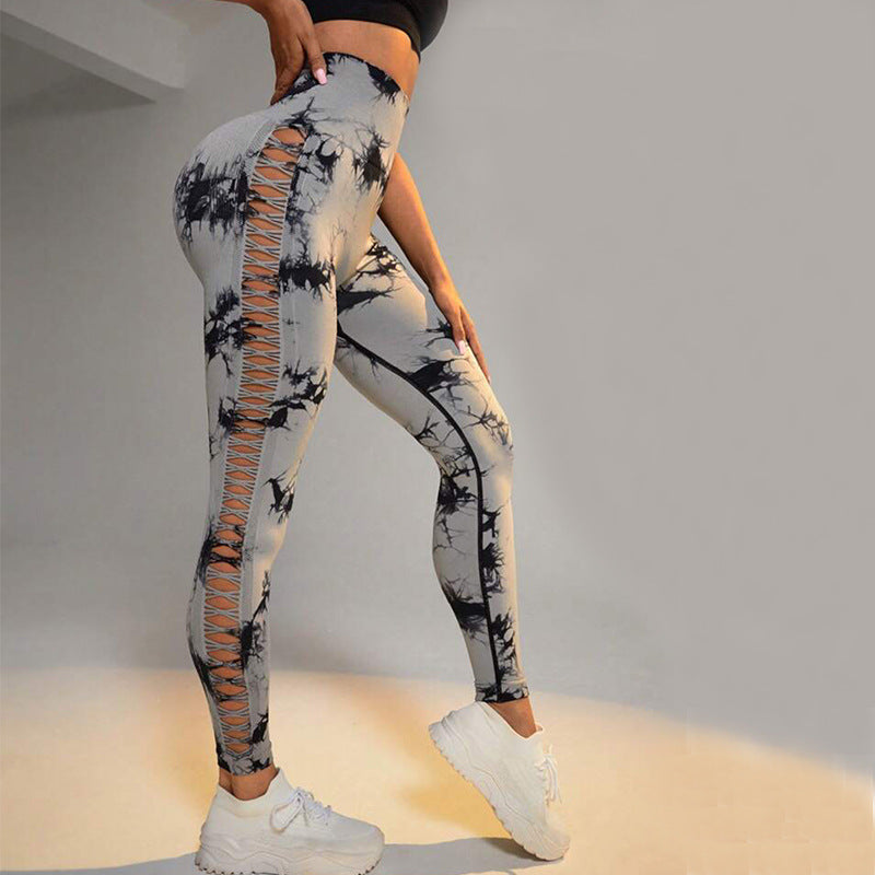 Hollow Tie Dye Printed Yoga Pants High Waist Butt Lift Seamless Sports Gym