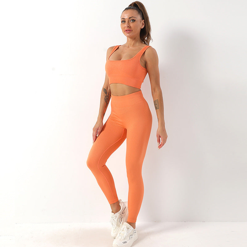 2pcs Thread Yoga Suit Seamless Bra And Butt Lifting High Waist Leggings Set For