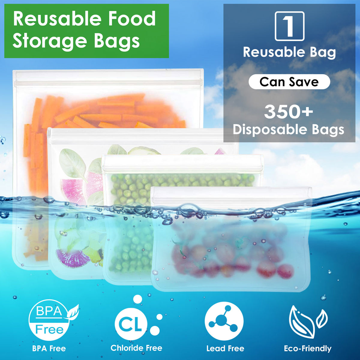 20Pcs Reusable Food Storage Bags 5 Sandwich Snack Gallon Quart Bag Leakproof