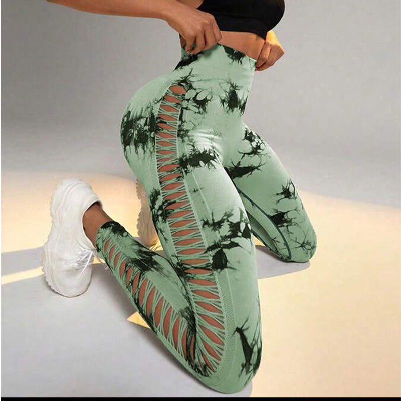 Hollow Tie Dye Printed Yoga Pants High Waist Butt Lift Seamless Sports Gym
