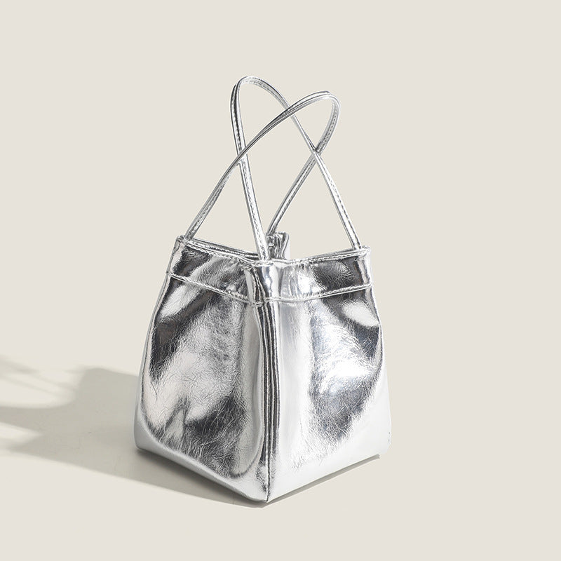 Lunch Box Bag Silver Bright Leather Portable Small Square