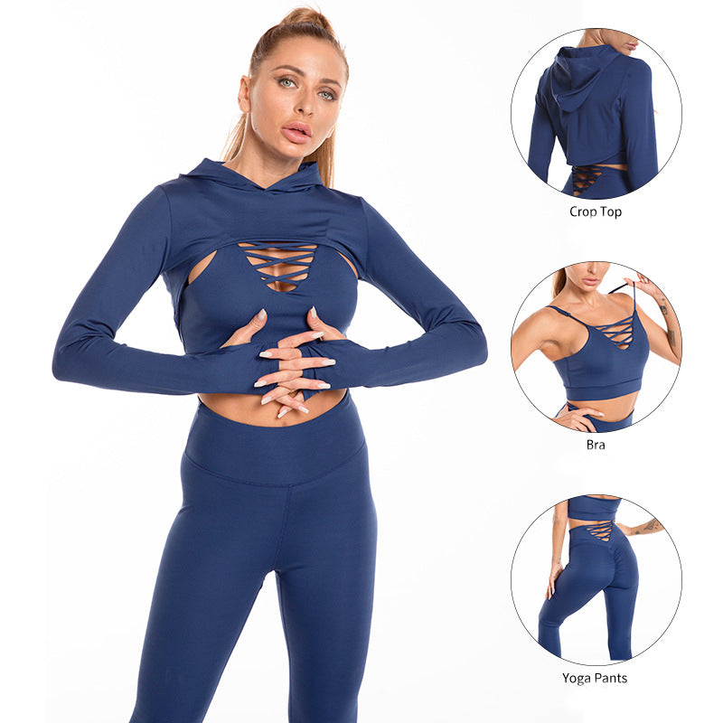 3pcs Sports Suits Long Sleeve Hooded Top Hollow Design Camisole And Butt