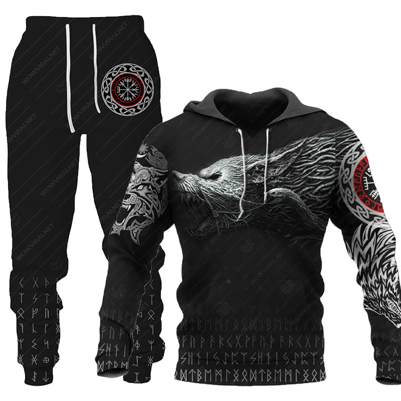 3D Wolf Print Tracksuit Men Sportswear Hooded Sweatsuit Two Piece Outdoors