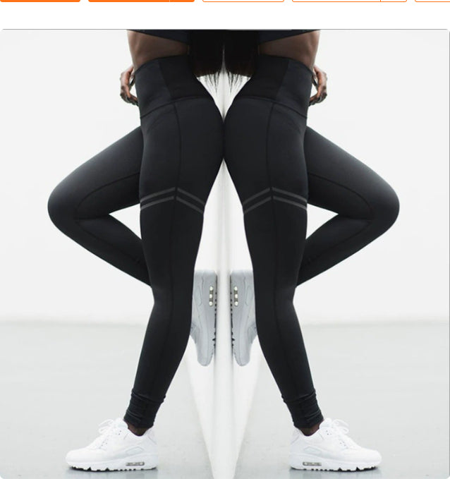 High Waist Solid Color Striped Stretch Yoga Pants Fitness Bottoming Nine Points