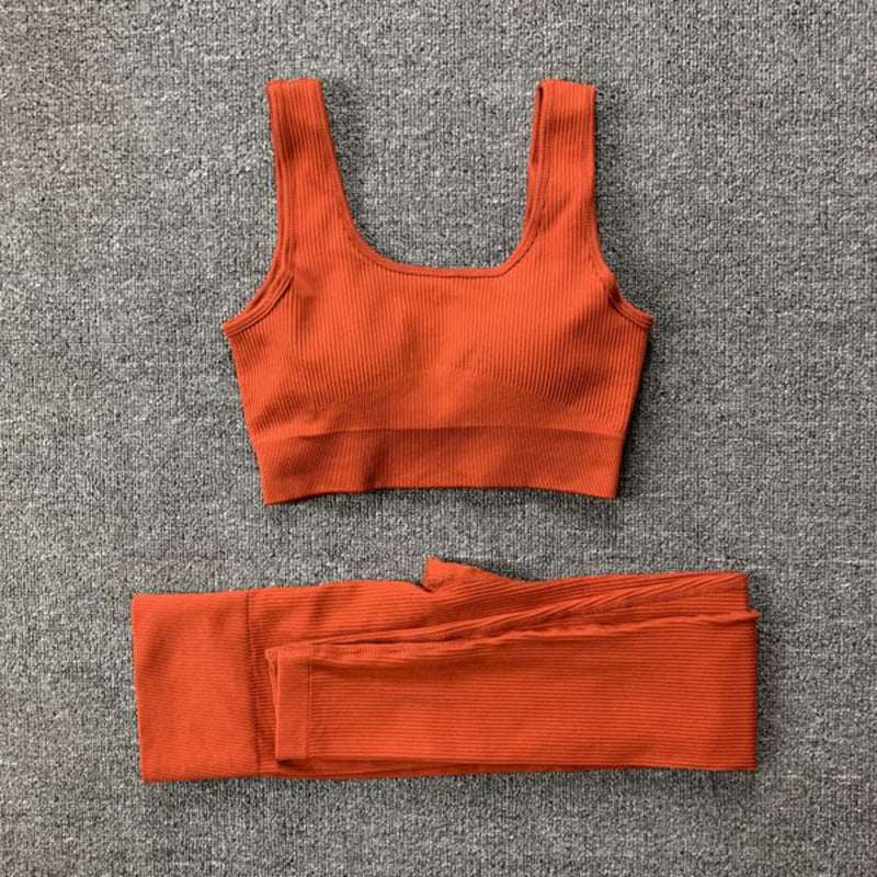 2pcs Thread Yoga Suit Seamless Bra And Butt Lifting High Waist Leggings Set For