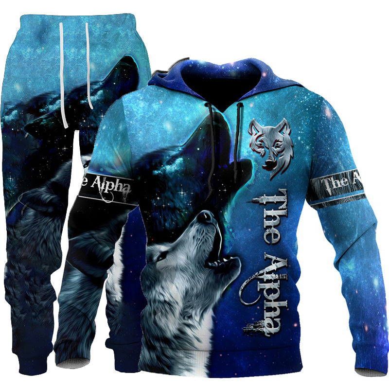 3D Wolf Print Tracksuit Men Sportswear Hooded Sweatsuit Two Piece Outdoors
