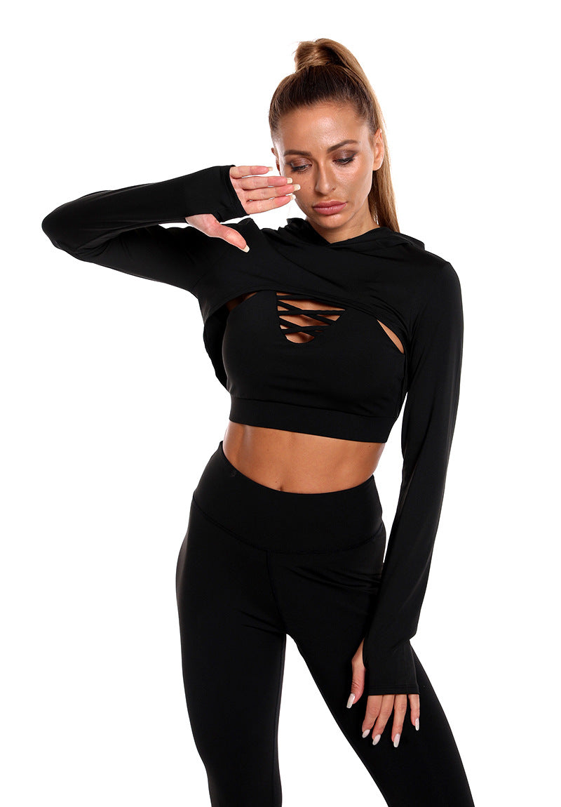 3pcs Sports Suits Long Sleeve Hooded Top Hollow Design Camisole And Butt
