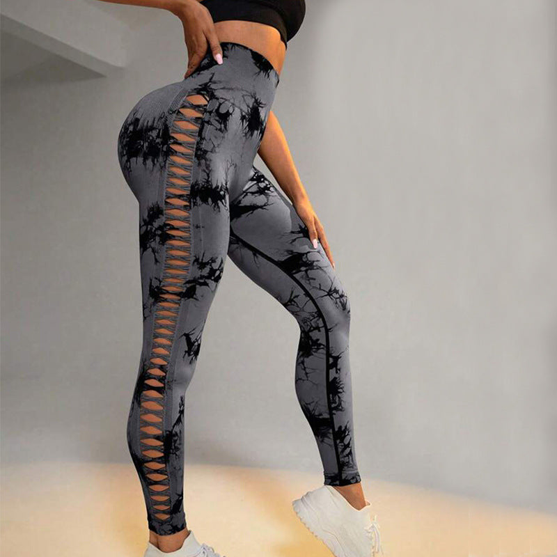 Hollow Tie Dye Printed Yoga Pants High Waist Butt Lift Seamless Sports Gym