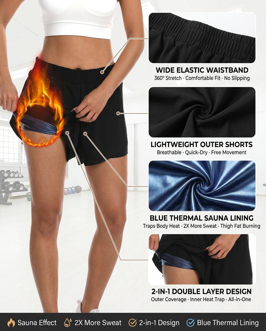 Women's Heat Trapping 2-in-1 Double Layer Sauna Shorts Running Athletic Workout