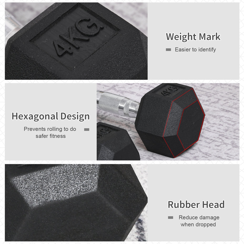 2x4kg Rubber Dumbbell Sports Hex Weights Sets Home Gym Fitness Hexagonal