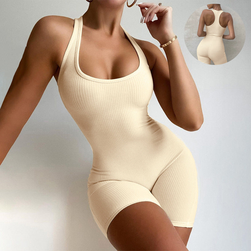 Sleeveless Backless Jumpsuit Colid Color Fitness Sports Yoga Leggings Shorts