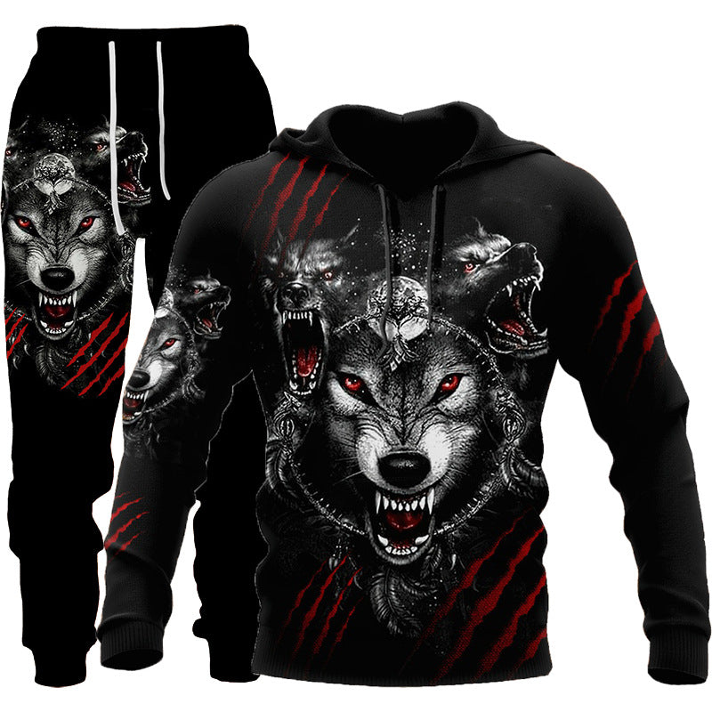 3D Wolf Print Tracksuit Men Sportswear Hooded Sweatsuit Two Piece Outdoors