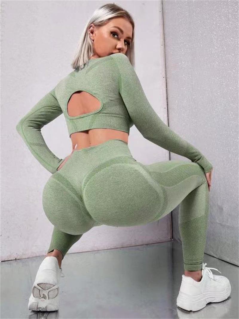 2pcs Sports Suits Long Sleeve Hollow Design Tops And Butt Lifting High Waist