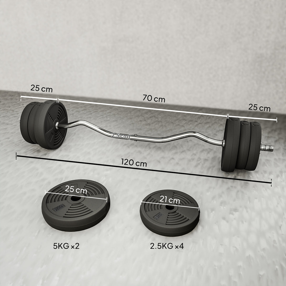 25kg Barbell Set, Adjustable Weights With Curl Bar