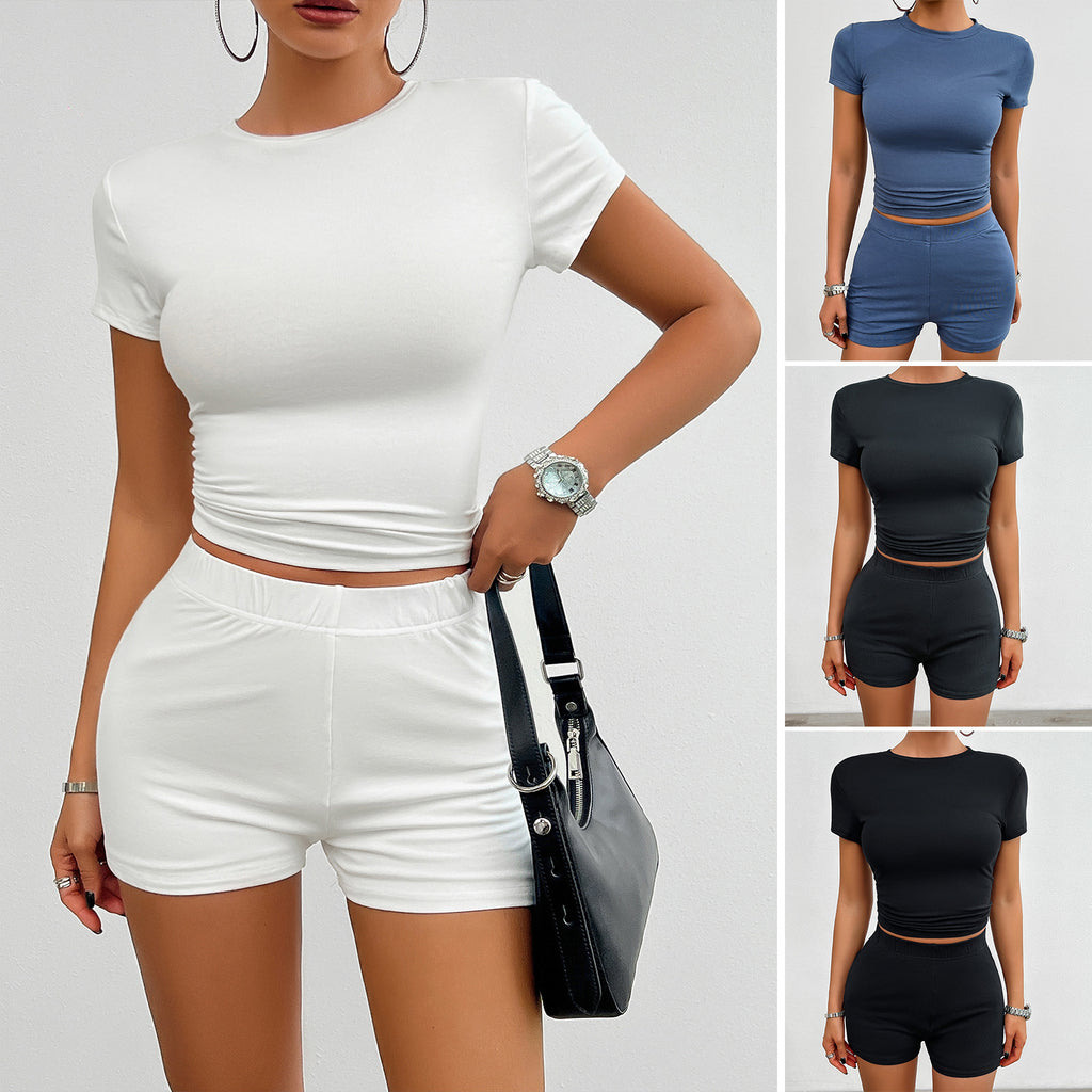 Solid Color Slim Sports Suit Summer 2Pcs Short-sleeved Round Neck T-shirt And
