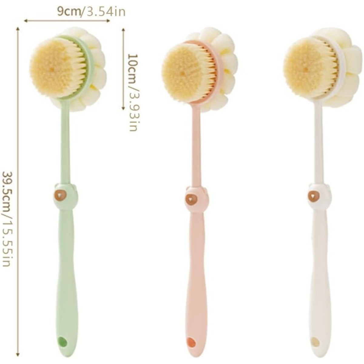 Shower Brush 3-Piece Set, Long With Soft Bristles, Double-sided Body In White