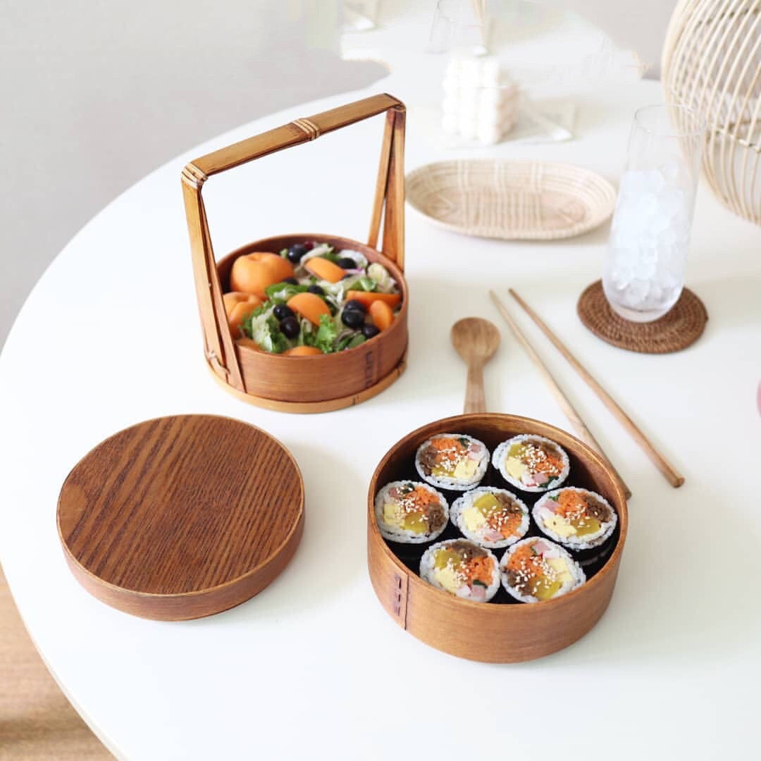 Portable Lunch Box Solid Wood Picnic Retro