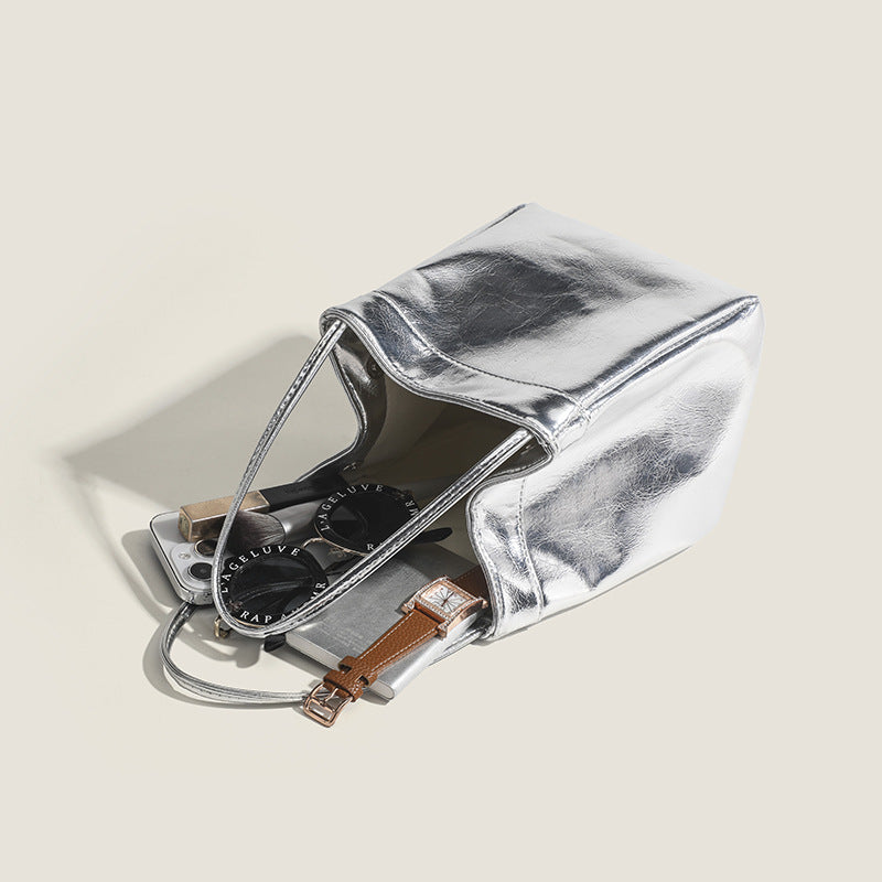 Lunch Box Bag Silver Bright Leather Portable Small Square