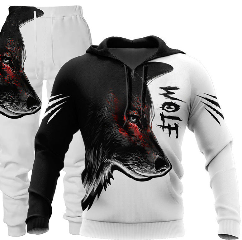 3D Wolf Print Tracksuit Men Sportswear Hooded Sweatsuit Two Piece Outdoors