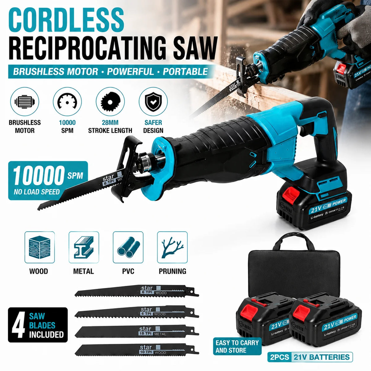 Kabellose Säbelsäge, bürstenlose elektrische Säbelsäge, 10000 SPM, wiederaufladbares Elektrowerkzeug, zum Schneiden von Holz, Metall, PVC, Abbruchsäge, tragbare Astsäge, DIY-Heimrenovierung, Garten- und Baumschnittwerkzeug, kompatibel mit Makita 18V Akku