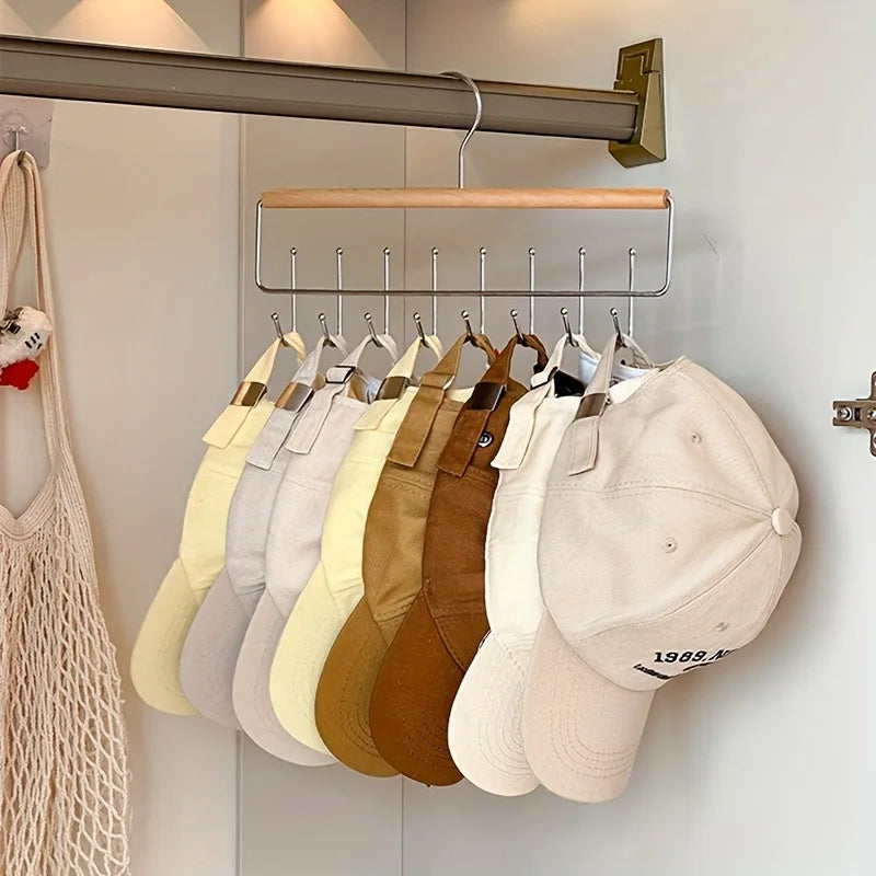 1pc Versatile Wooden Hat Organizer Rack with Hooks Caps Belts Ties Storage Space Saving Home Retail Display Clothes Storage
