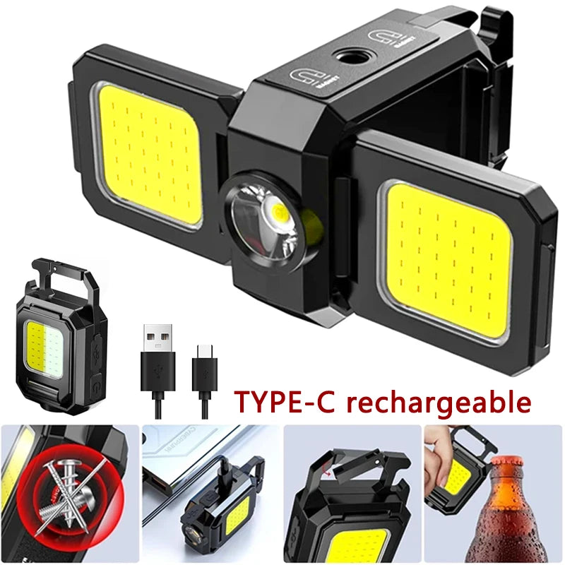 Mini Flashlight, Keychain Light, COB Work Light, USB Rechargeable Lamp with 90° Foldable Side Lights, Super Bright Portable Lanterns