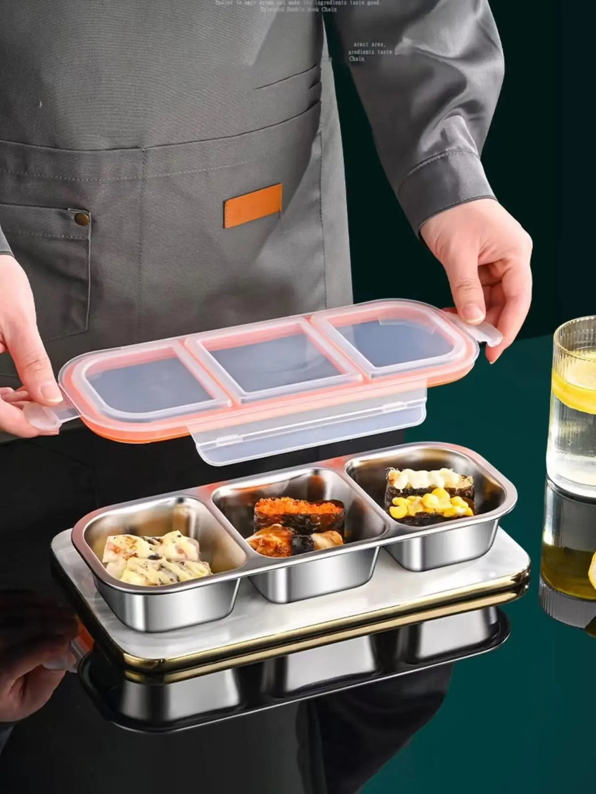 Stainless steel mini lunch box with compartments for light meals, specially designed for weight loss and portion control, suitable for use in the microwave. Stainless steel fruit preservation lightweight meal box with three compartments, sealed and portab