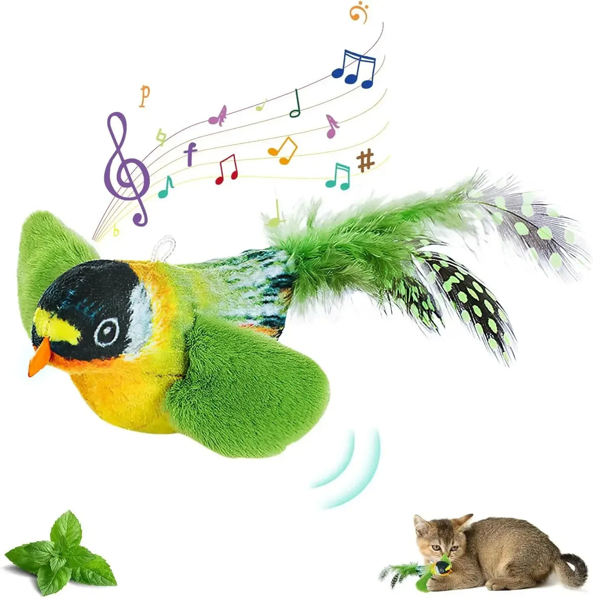 The cat toy simulates bird sounds to entertain the cat, elastic rope to relieve boredom and protect against scratching and biting