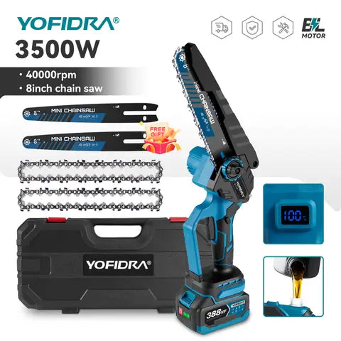 YOFIDRA 8 Inch Brushless Electric Chainsaw 3500W Handheld Woodworking Pruning Chainsaw Cutter Power Tool For Makita Battery Pin
