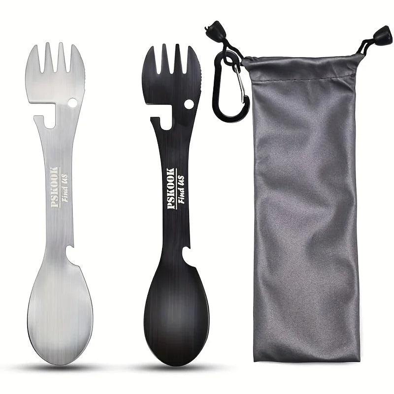 PSKOOK Outdoor Survival Tools 5-in-1 Camping Multifunktionales EDC-Kit Praktische Gabel Messer Löffel Flaschen-/Dosenöffner