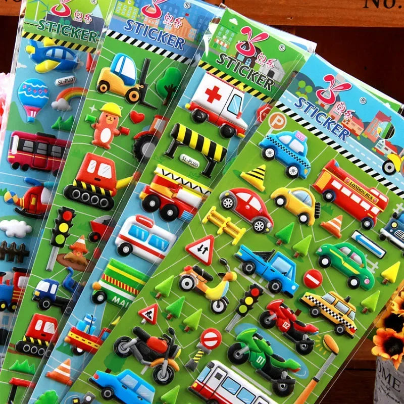 6 Sheets 3D Bubble Stickers Car Truck Plane Traffic Waterproof Cartoon Anime Stickers for Girls Boys Kids Fun Educational Toys